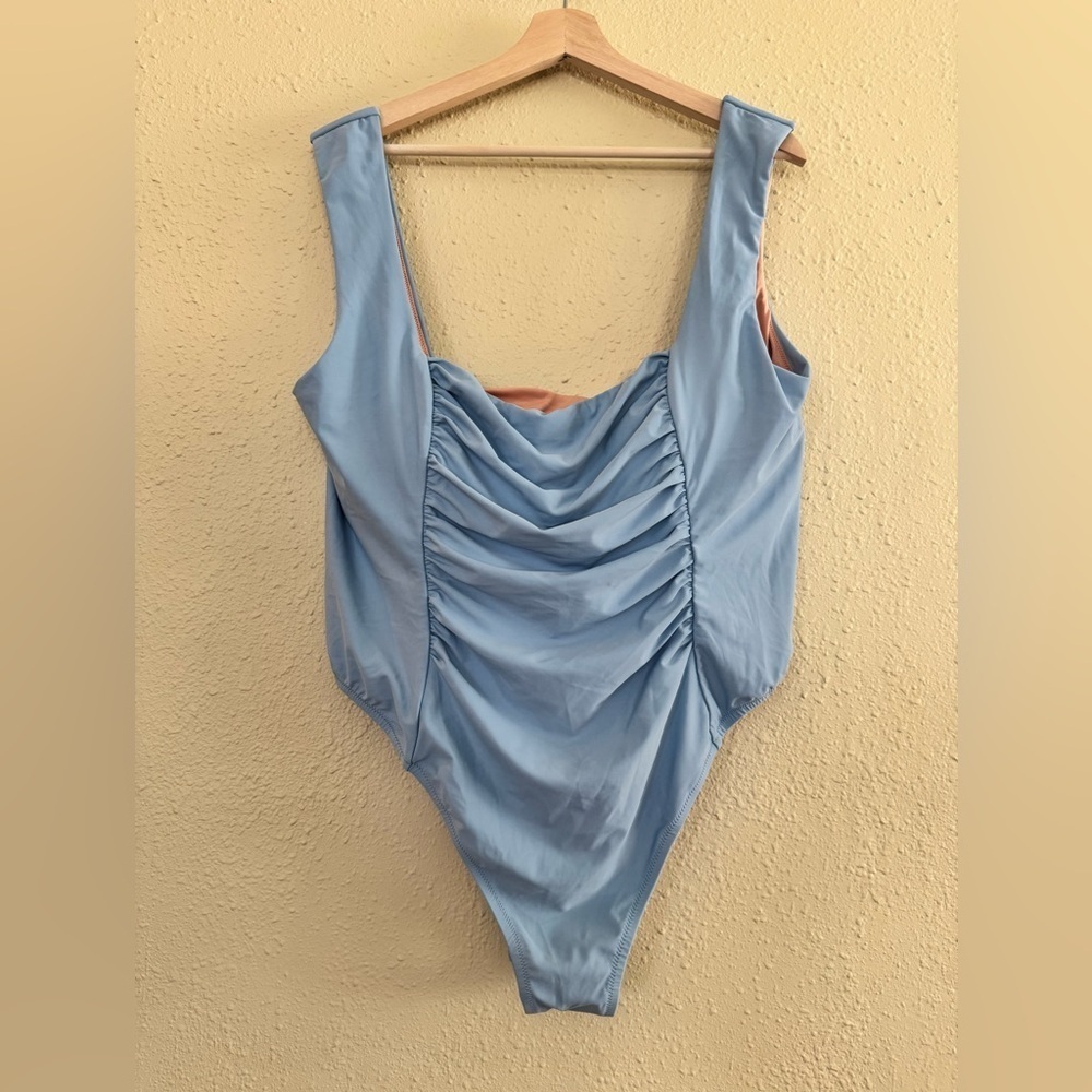 NEW | J. CREW | Ruched Squareneck One Piece Swimsuit- Light Blue - Size 22 - Picture 2 of 4
